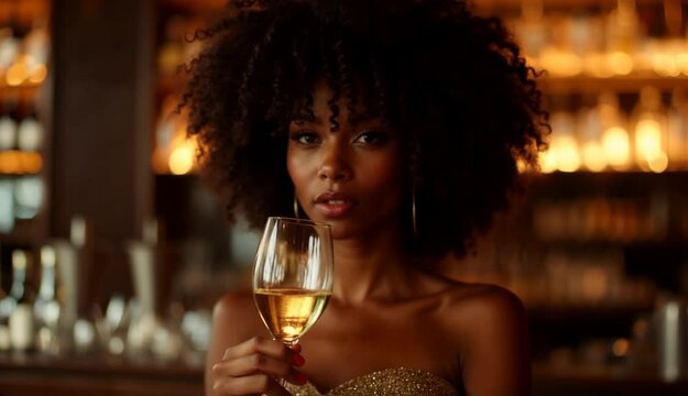 Mujer atractiva de raza negra y pelo rizado bebiendo una copa de vino blanco en un bar de lujo
