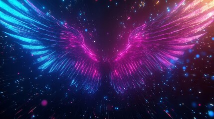 Neon light wings with rays and sparks