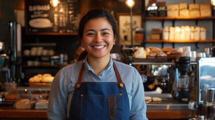 A barista smiles warmly in a blue apron, standing in a cozy coffee shop with a selection of bakery goods in the background, creating a welcoming ambiance.