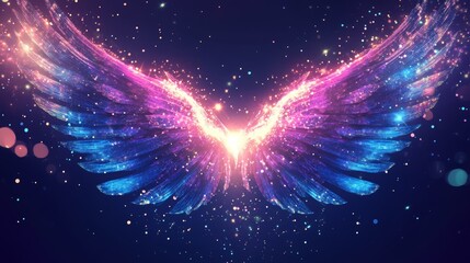 Neon light wings with rays and sparks