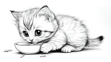 Adorable kitten eating from a bowl.