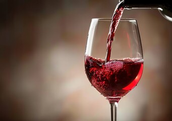 Red wine pouring into a glass from a bottle, creating a rich and vibrant red color against a dark brown background, perfect for depicting luxury, sophistication, and relaxation in fine dining 