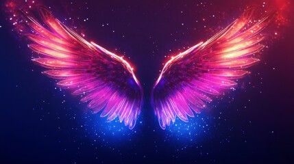 Neon light wings with rays and sparks
