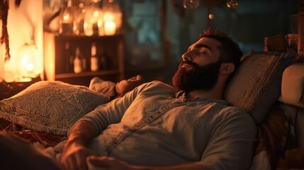Obraz premium A bearded man rests on a decorative pillow, bathed in soft lighting, surrounded by bottles in a room that radiates tranquility and peace for sleep hygiene.