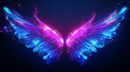 Neon light wings with rays and sparks