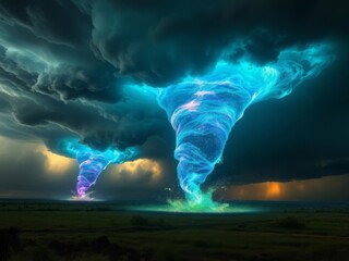 Obraz premium Swirling tornadoes of vibrant colors illuminate the stormy sky during a dramatic weather event
