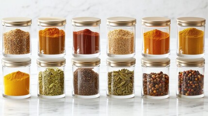 Colorful Assortment of Spices in Glass Jars on Marble Background