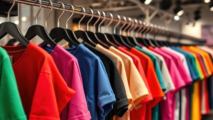Obraz premium Colorful T-Shirts on Hangers - Clothing Store Display - Fashion Apparel