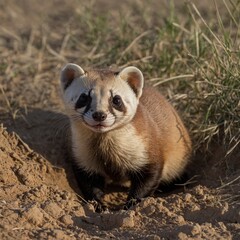 A black-footed ferret emerging from its burrow.