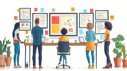 Diverse Team Collaborating on Design Project in Modern Office