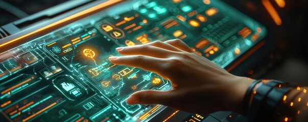Hand touching digital eco-friendly glowing dashboard.