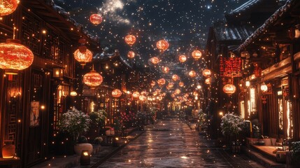 A quaint urban street illuminated by soft lanterns and overhead stars.