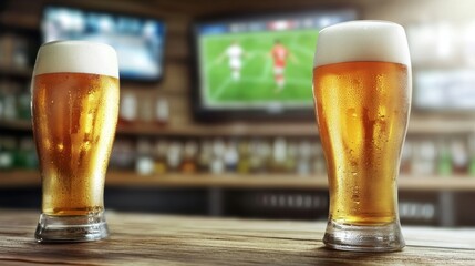 Refreshing Cold Beer Glasses in a Sport Bar Setting with TV