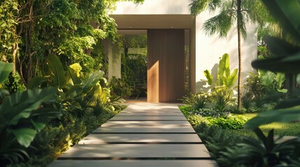 A beautiful modern home entrance surrounded by lush greenery, with a sleek pathway leading to the door, showcasing a harmonious blend of design and nature.