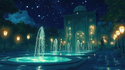 Obraz premium A quiet, modern plaza with glowing fountains and a clear, infinite night sky.