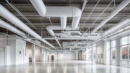White industrial pipes covering ceiling in empty warehouse