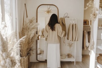 Woman shopping for clothes in a stylish boutique with elegant decor and fashionable outfits