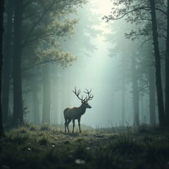 Contemplative Stag in Ethereal Foggy Forest Setting