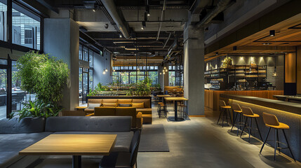 Modern urban design in open plan space with industrial elements