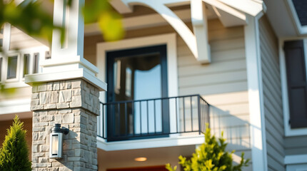 Fototapeta premium A close-up view of a residential home's exterior, focusing on a stone pillar, a black-framed door with a small balcony, and light beige siding. Sunlight illuminates the scene.
