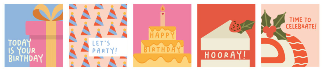Set of cute birthday cards design with cake, gifts and party decorations. Vector templates great for poster, Invitations, banner, flyer	