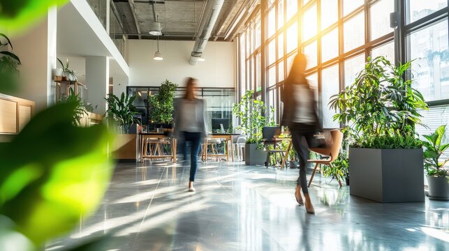 Blurred background of people walking in a modern, eco-friendly office space with natural light and greenery – highlighting sustainability, innovation and a responsible work environment. - Powered by Adobe