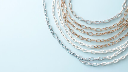 Layered necklace chains in silver, gold, and white on blue background