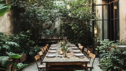 Obraz premium A rustic dining table outdoors, surrounded by greenery and nature-inspired table settings.