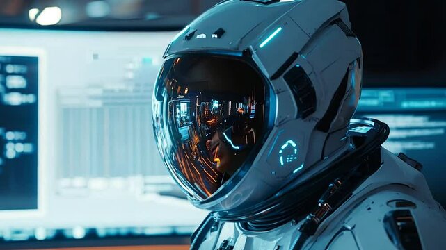 A series of visually striking images showcasing a futuristic astronaut wearing an advanced spacesuit with a reflective helmet, operating in a high-tech control room. The glowing digital interfaces