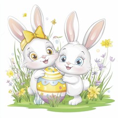 Easter's Day Easter Eggs Cute bunnies with Easter egg in a floral setting.