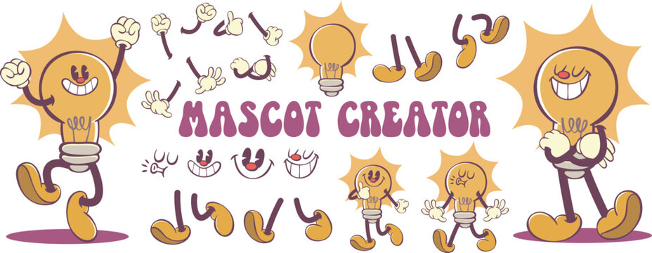 Retro groovy light bulb character creation kit