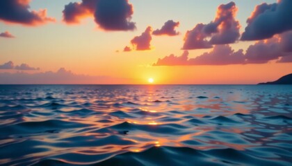 Sunset over Ocean, Orange Sky and Clouds, Wavy Sea, Dusk Scenery