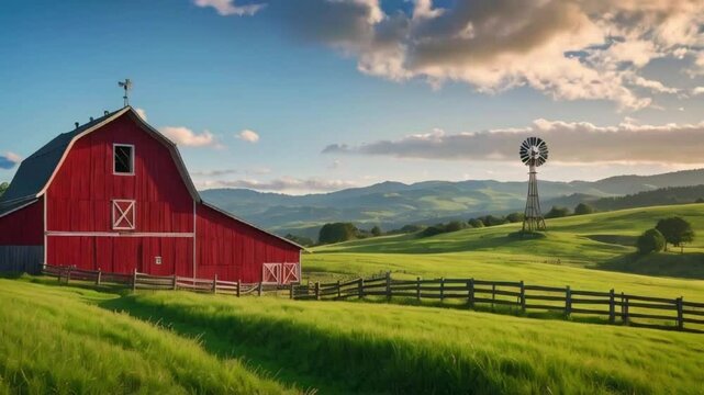 A red barn in the distance, rustic windmill, a wooden fence, rolling green hills extending horizon, 2D Flat Cartoon Anime-style, Japanese 4k lofi hip-hop bites music animation video