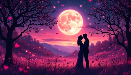 Romantic Couple Silhouette Under Pink Moon, Valentine's Day, Love