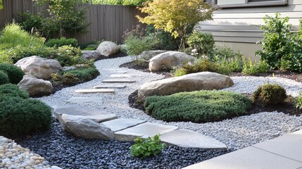 Obraz premium A serene Japanese garden with a rock arrangement and a traditional house in the background.