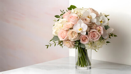 Obraz premium Elegant bouquet of soft pink and white flowers in glass vase.
