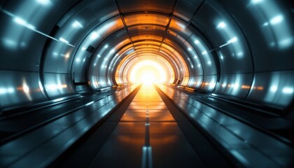 Futuristic Tunnel with End Light Glowing and Metallic Walls Creating Abstract View
