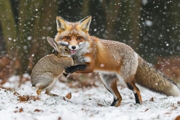 Obraz premium Red fox gently holding a rabbit in snowy winter scene. A heartwarming wildlife moment captured in stunning detail.
