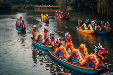 Obraz premium Beautiful holiday composition for happy celebrate chinese dragon boat festival, abstract vivid composition consists of fictional unreal fantastic vision on background