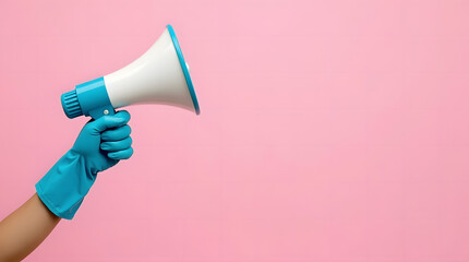 A hand wearing a blue protective rubber glove holding a megaphone, isolated on a pink background with space for text. Represents professional cleaning, spring cleaning season, and cleaning service con