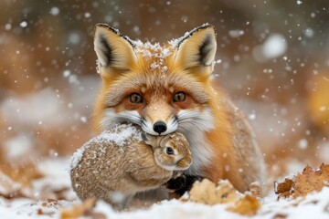 Fototapeta premium Red fox gently cradling a small rabbit in the snow during a snowfall. A heartwarming winter scene showcasing wildlife in their natural habitat.