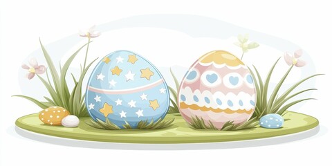 Easter's Day Easter Eggs Colorful Easter eggs in grass with flowers and soft background.