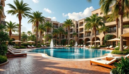 Luxurious resort pool area with fountains, palm trees, and lounge chairs for relaxation