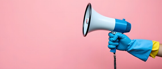 A hand wearing a blue protective rubber glove holding a megaphone, isolated on a pink background with space for text. Represents professional cleaning, spring cleaning season, and cleaning service con