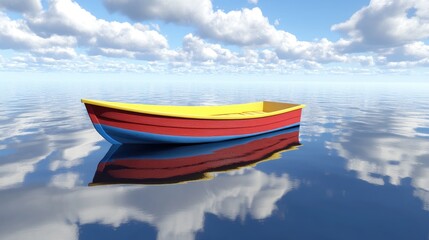 Naklejka premium A single, colorful boat positioned in calm waters at midday.