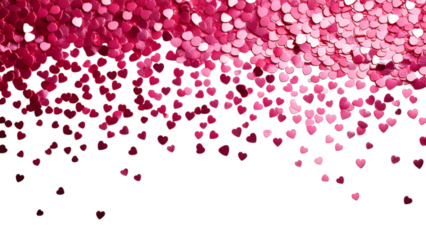 Pink heart-shaped glitter cascading down from above, isolated on a transparent background; PNG format