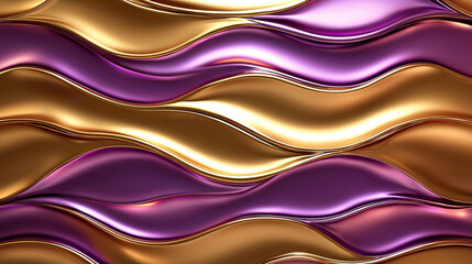 Wavy golden and purple metallic 3D abstract background with shimmering textures, dynamic flowing curves, and a luxurious gradient blend, perfect for elegant designs, modern art, or digital wallpapers.