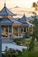 Serene Sunset Pavilions: Tranquil Asian-Inspired Garden Oasis