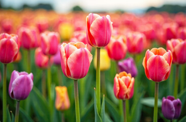 Obraz premium Close up fresh colorful tulips against of tulips field. Gardering of tulips on nature field. Copy space