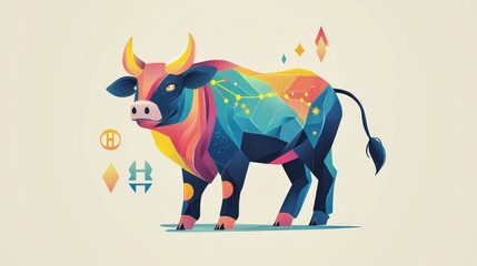 Fototapeta premium Colorful Geometric Bull Illustration in Vibrant Hues for Artistic and Creative Designs, Symbolizing Strength, Energy, and Vitality in Modern Art